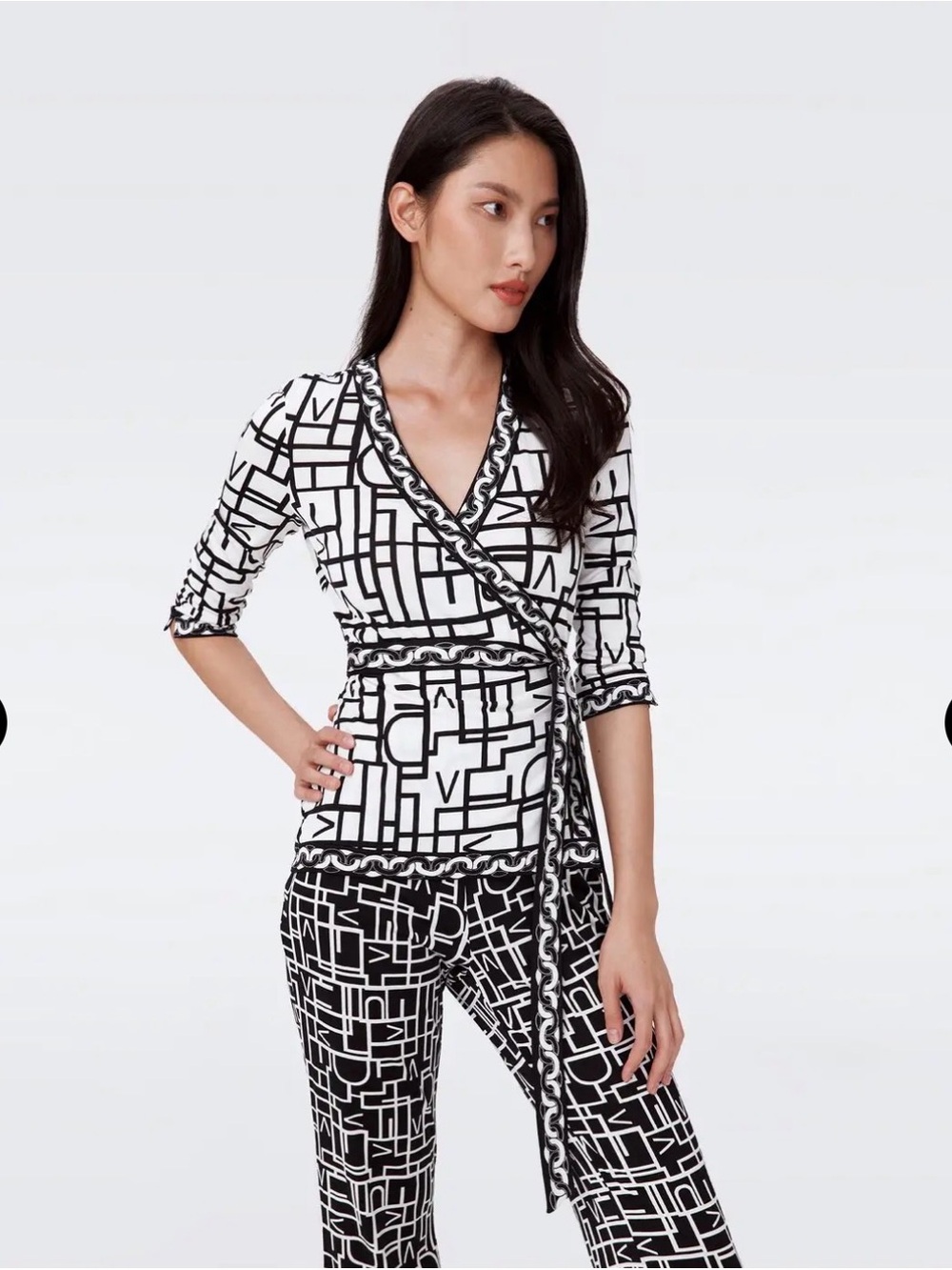 Demeter grap top Diane Von Furstenberg Black and White Geometric Wrap Blouse